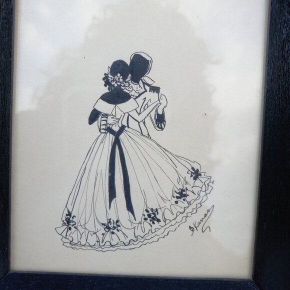 Vintage Woman Holding Dog and Couple Dancing Silhouettes Framed Wall Art Signed - Picture 3 of 16